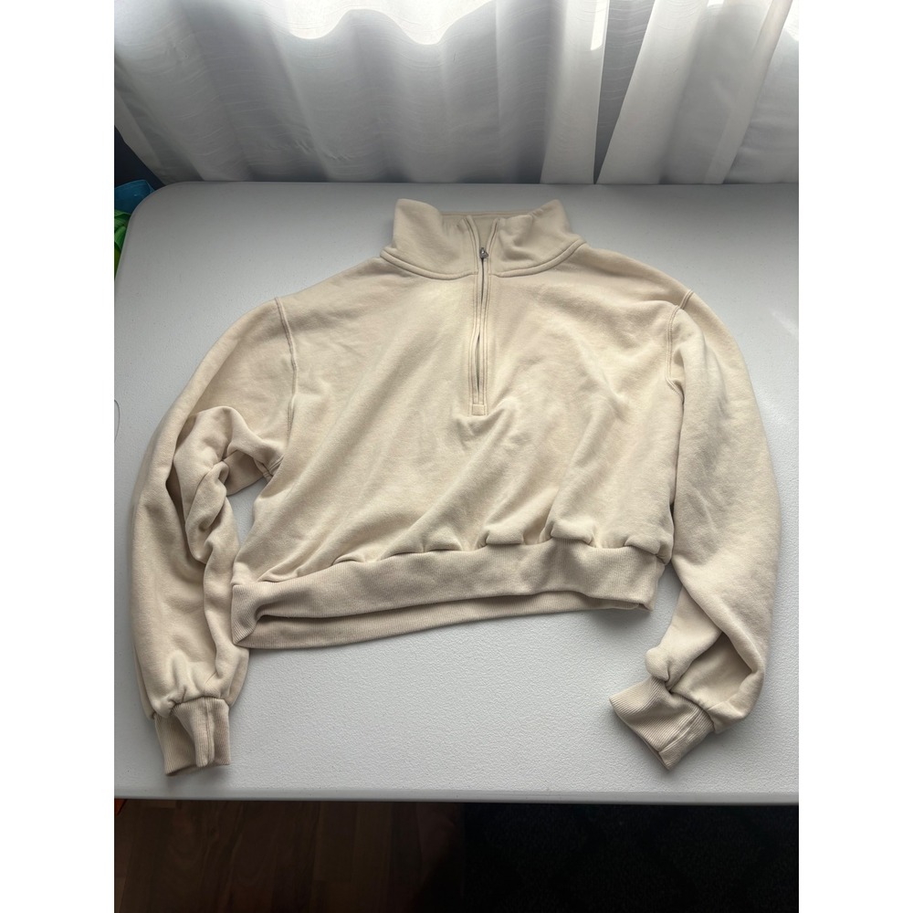 Hollister Womens Cream Cropped Quarter Zip Fleece Sweatshirt‎ Mock Neck Medium